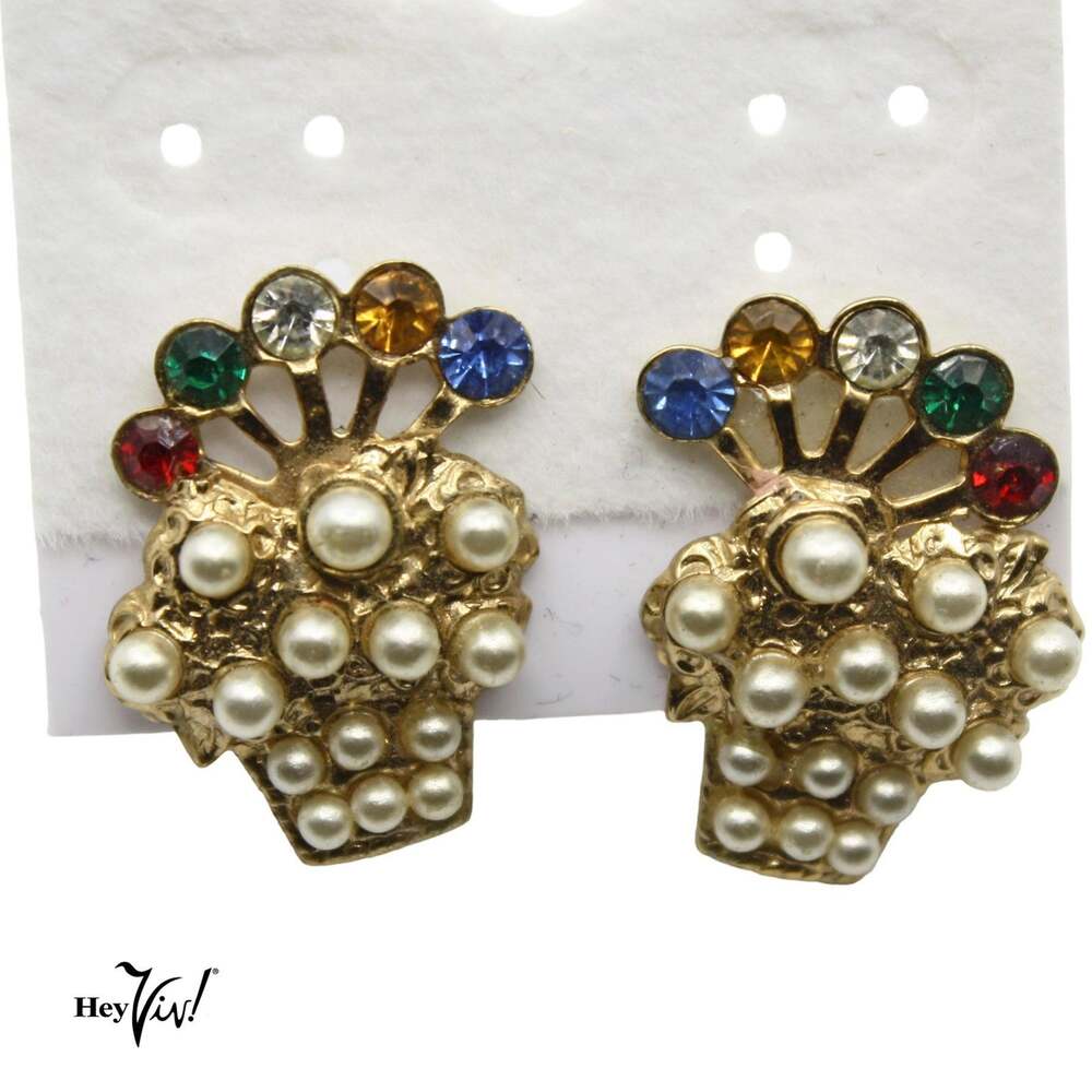 Vintage 50s Flower Basket Screw Back Earrings Faux Pearl & Rhinestones - Hey Viv